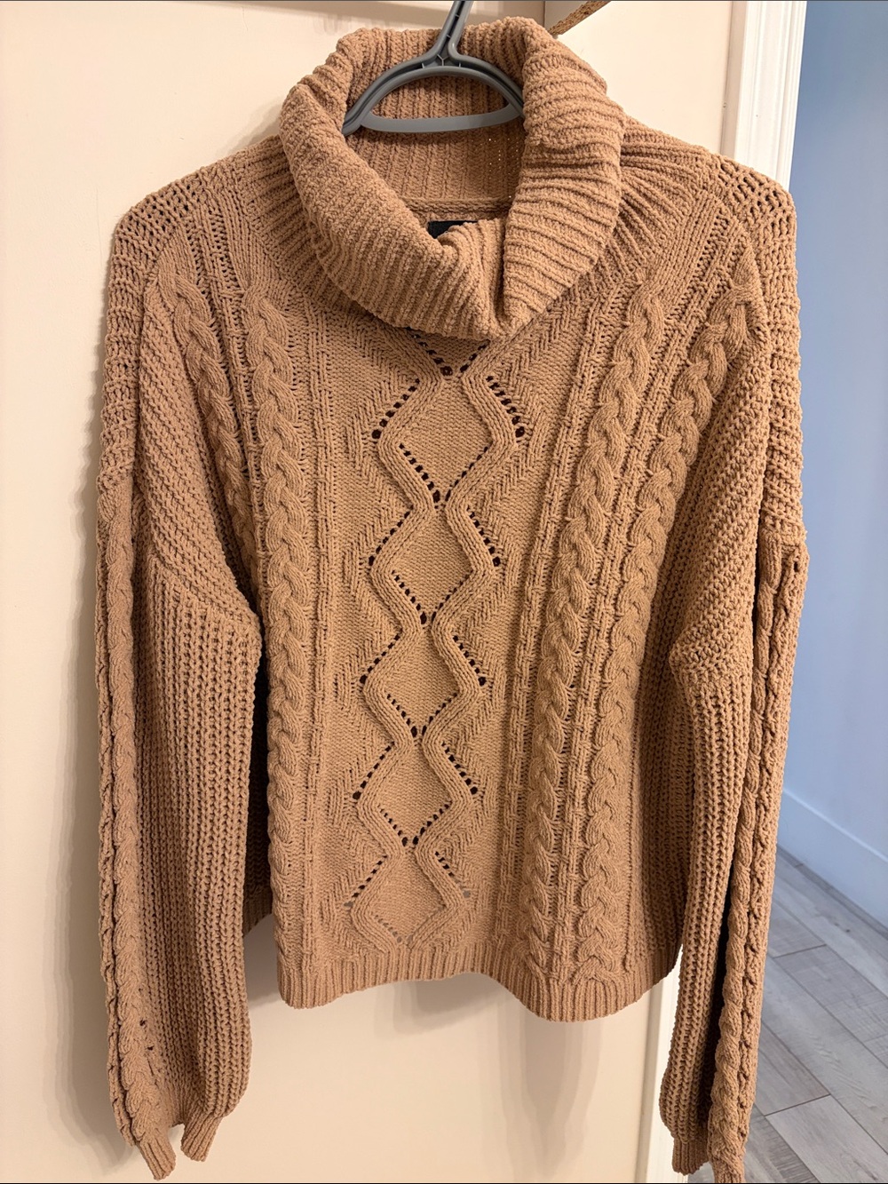 Eclipse Cable Knit Cowl Neck Sweater in Camel